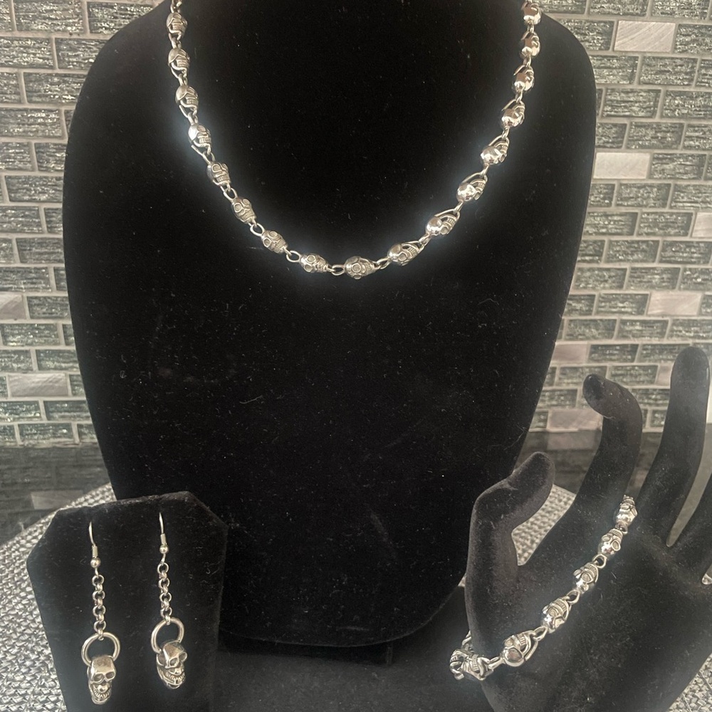 Silver Stainless Steel 316L Skull Biker Jewelry Set